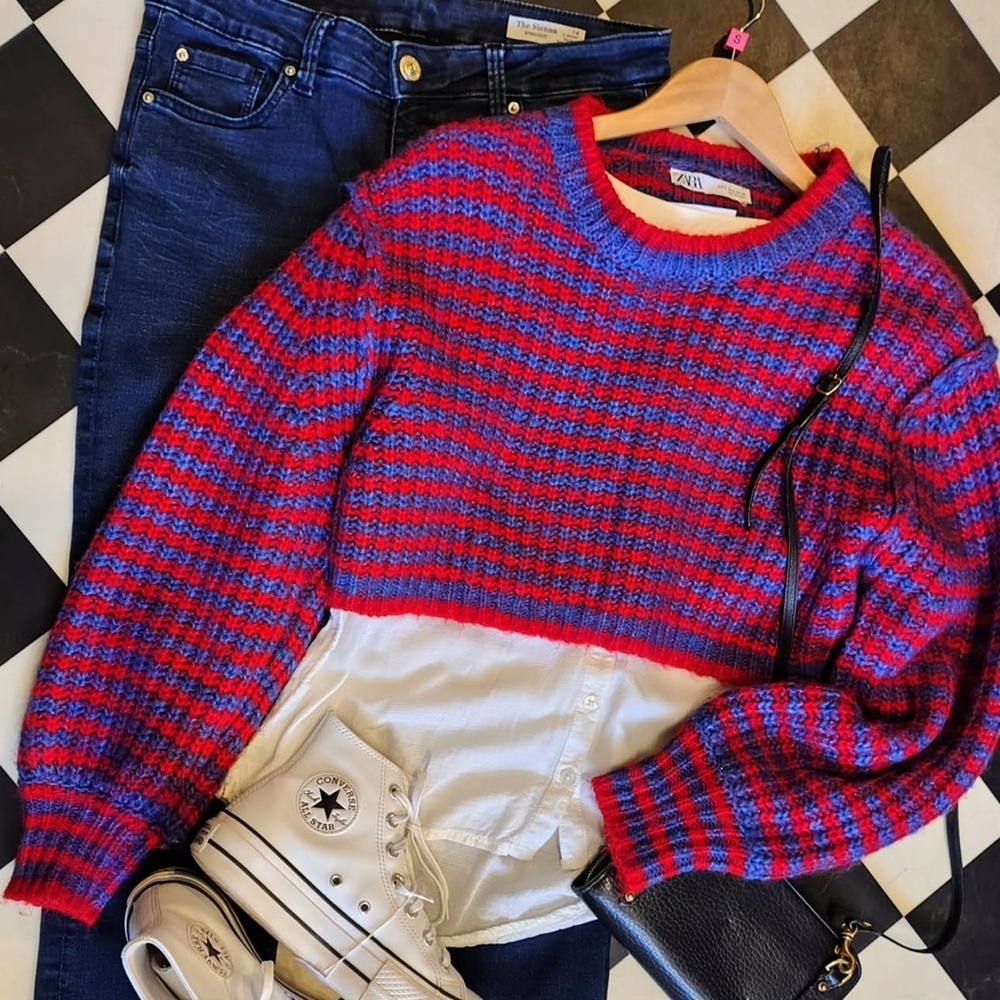 Zara Wool Alpaca Blend Cropped Sweater Vibrant Stripes & Balloon Sleeves size M